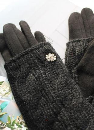 Женские кашемировые перчатки с вязкой черные2 фото