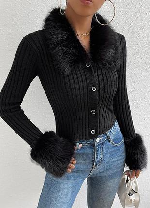 Shein черный гламурный кардиган кофта свитер с меховым воротником и манжетами игривый