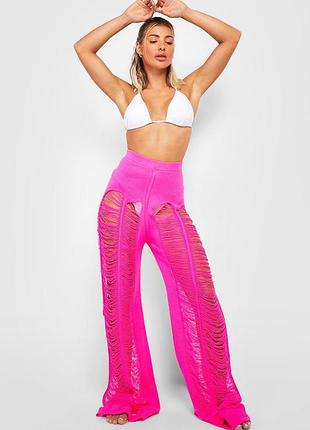 Штани пляжні в'язані яскраво рожеві широкі рвані