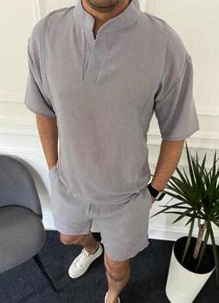 Летний мужской костюм, шорты и футболка поло. лен. серый, беж и синий. s,m,l,xl,xxl,xxxl