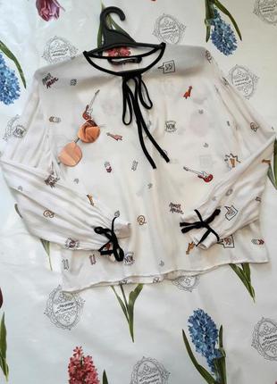 Легка молочна блуза з принтом на зав'язках від zara3 фото