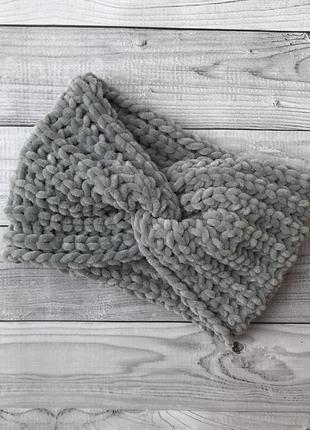 Мягенькая тёплая повязка на голову чалма узелок ободок велюровая серая