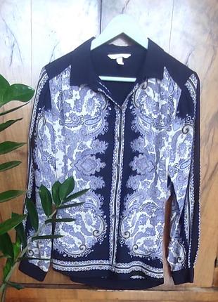 Блуза женская, натуральная, размер 12, (40), синяя, с узором, легкая