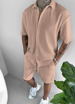 Летний комплект оверсайз рубчик рубчик рубашка и шорты