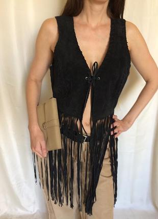 Женская черная кожаная туника с бахромой