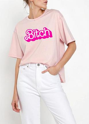 Женская розовая футболка с притом bitch в стиле барби
