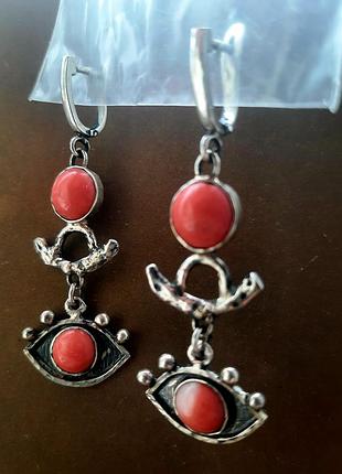 Дизайнерські ексклюзивні срібні 925 сережки з натуральним рожевим коралом