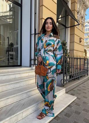 Женский легкий летний костюм в пижамном стиле, двойная рубашка брюки ткань шелк сатин