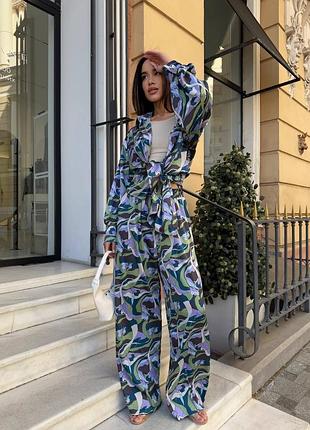 Женский легкий летний костюм в пижамном стиле, двойная рубашка брюки ткань шелк сатин5 фото