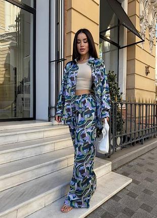 Женский легкий летний костюм в пижамном стиле, двойная рубашка брюки ткань шелк сатин2 фото