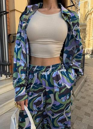 Женский легкий летний костюм в пижамном стиле, двойная рубашка брюки ткань шелк сатин9 фото