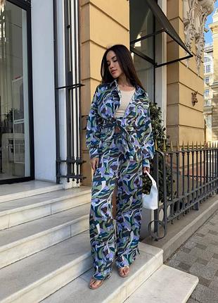 Женский легкий летний костюм в пижамном стиле, двойная рубашка брюки ткань шелк сатин4 фото