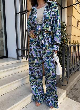 Женский легкий летний костюм в пижамном стиле, двойная рубашка брюки ткань шелк сатин6 фото