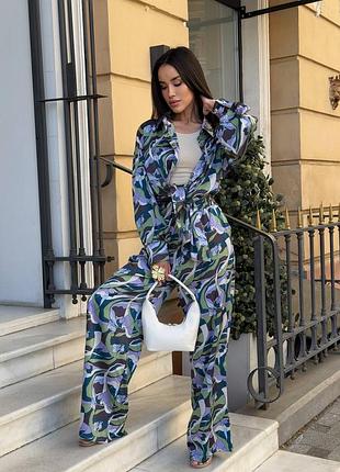 Женский легкий летний костюм в пижамном стиле, двойная рубашка брюки ткань шелк сатин