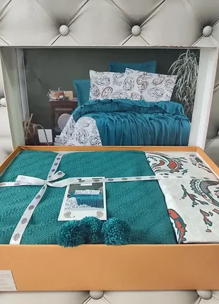 Летний комплект постельного белья с покрывалом. ( евро размер 220-240 см.)  коралловый морской волны