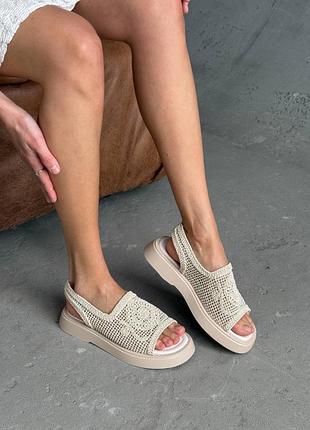 Бежеві текстильні босоніжки з сіткою в сітку на товстій підошві текстиль з резинкою на резинці беж