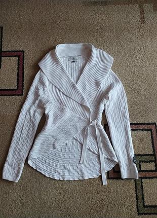 Кофта/ кардиган белый хлопковый вязаный косами на запах разм.м