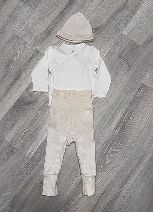 Костюм ( бодик-кимоно, штанишки и шапочка в рубчик) h&m, 2-4мес