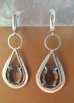 Дизайнерские эксклюзивные серебряные 925 серьги с рауктопазом дымчащим кварцем натуральным