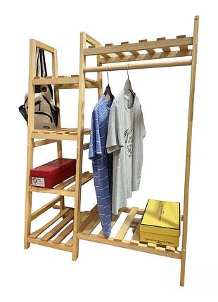 Вешалка стойка для одежды напольная деревянная с полками