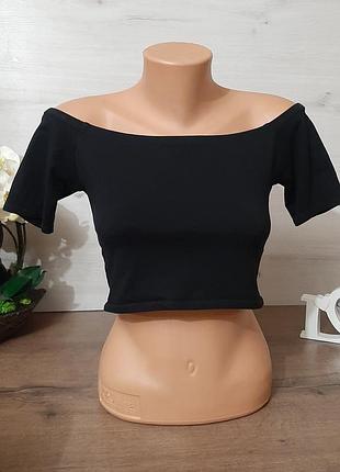 Черный топ футболка голые плечи натуральный 95% коттон тянется дрбре topshop трендовый эффектный
