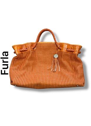 Сумка шкіряна furla жовтогарячого актуального кольору з плетеними ручками та основою