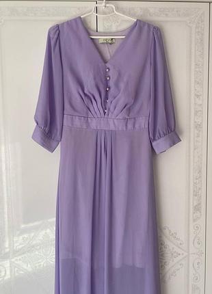 Сиреневое шифоновое длинное платье с сумочкой