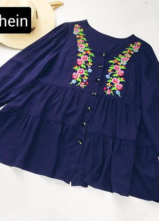 Рубашка женская синяя свободного кроя с вышивкой от бренда shein xl