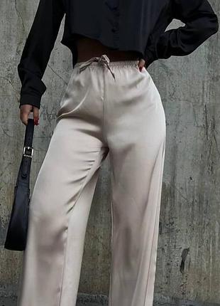 🌈4! шикарные шелковые брюки качественные шелк ёлк беж креп кремовые бежевые брюки