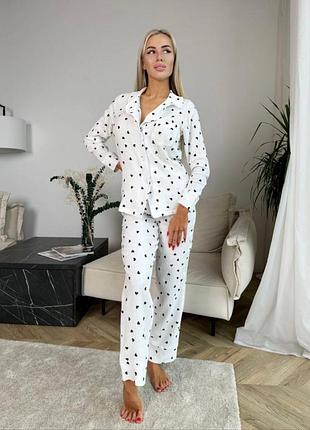 Жіноча ніжна муслинова піжама в сердечко | сорочка та штани | 1558