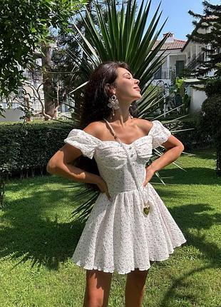 Легка літня міні сукня сарафан квітковий принт малюнок бра відкриті плечі муслін