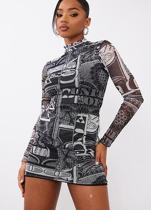 Сукня сітка міні коротка чорна сіра гольфом з довгим рукавом в долари