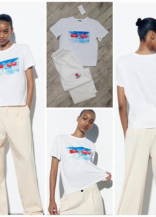 Zara нова білосніжна футболка з фотографічним принтом.