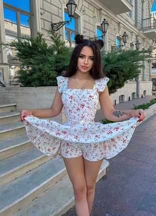 Комбинезон женский с двухъйной юбочкой цветочный принт