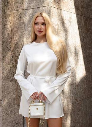 Luxe шелк шелк шелковое элегантное мини платье длинный рукав поясок с розой декор прямая