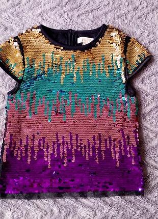 Яркая праздничная блузка футболка с пайетками на девочку 5-6 лет 116 см