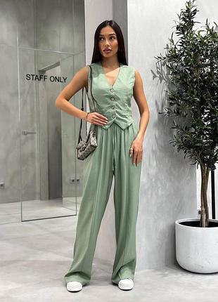🌈4! шикарний лляний жіночий брючний оливковий костюм оливка олива хакі хаки женский жилетка