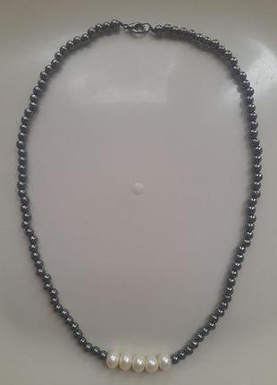 Колье чокер из гематита и натурального речного жемчуга