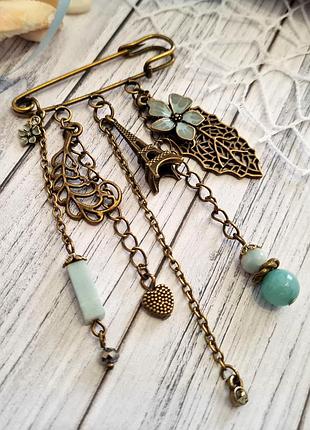 🔺🩵🗼 оригінальна брошка "паризька весна" з підвісками амазоніт, емаль