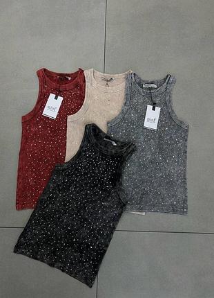 Майка рубчик варка в камінцях розмір one size колір(бордовий,бежевий,сірий,темно-сірий)