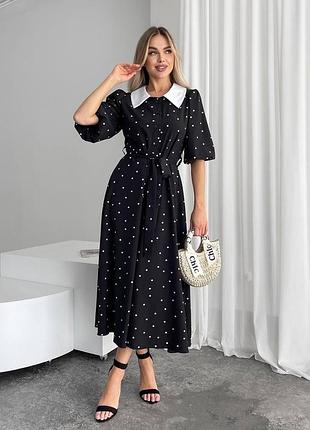 Сукня міді жіноча з білим комірцем з поясом чорна в білий горох s-xl