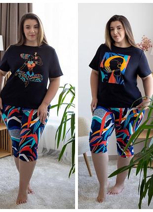 Піжама жіноча батал бриджі і футболка, стильний базовий домашній комплект для жінок