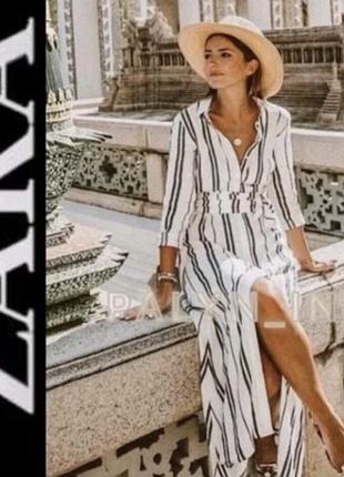 🔥🔥 сукня-міді-сорочка zara з лляною  сумішшю, блакитна, з ґудзиками спереду