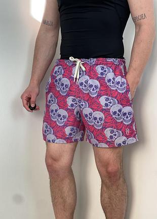 Рожево фіолетові шорти purple yellow skulls roses shorts, пляжні, з принтом, кольорові, для плавання