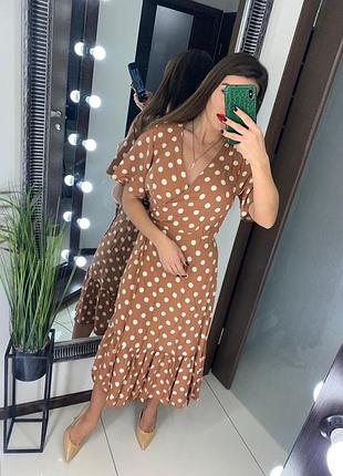 👗классное коричневое платье миди в горох/платье в горошек на запах/платье миди с рюшами👗