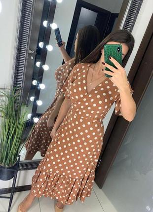 👗классное коричневое платье миди в горох/платье в горошек на запах/платье миди с рюшами👗