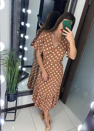 👗классное коричневое платье миди в горох/платье в горошек на запах/платье миди с рюшами👗