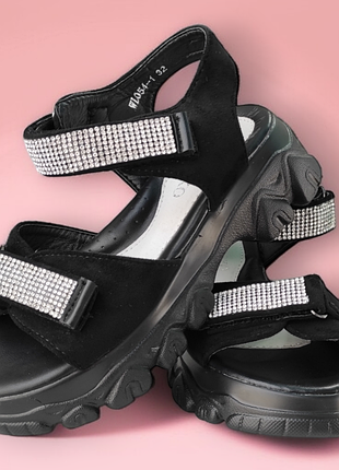 Черные замшевые босоножки сандалии для девочки на платформе стразы, липучка