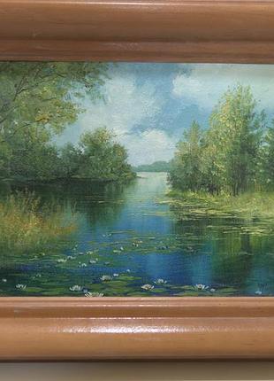 Картина корниенко пейзаж река 2004 г. лилии. картон, масло в раме 31х25 см, без рамы 24х18 см no109