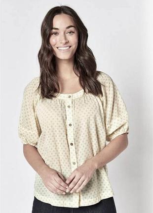 Натуральная хлопковая блуза рубашка с коротким рукавом нежного желтого цвета в горох